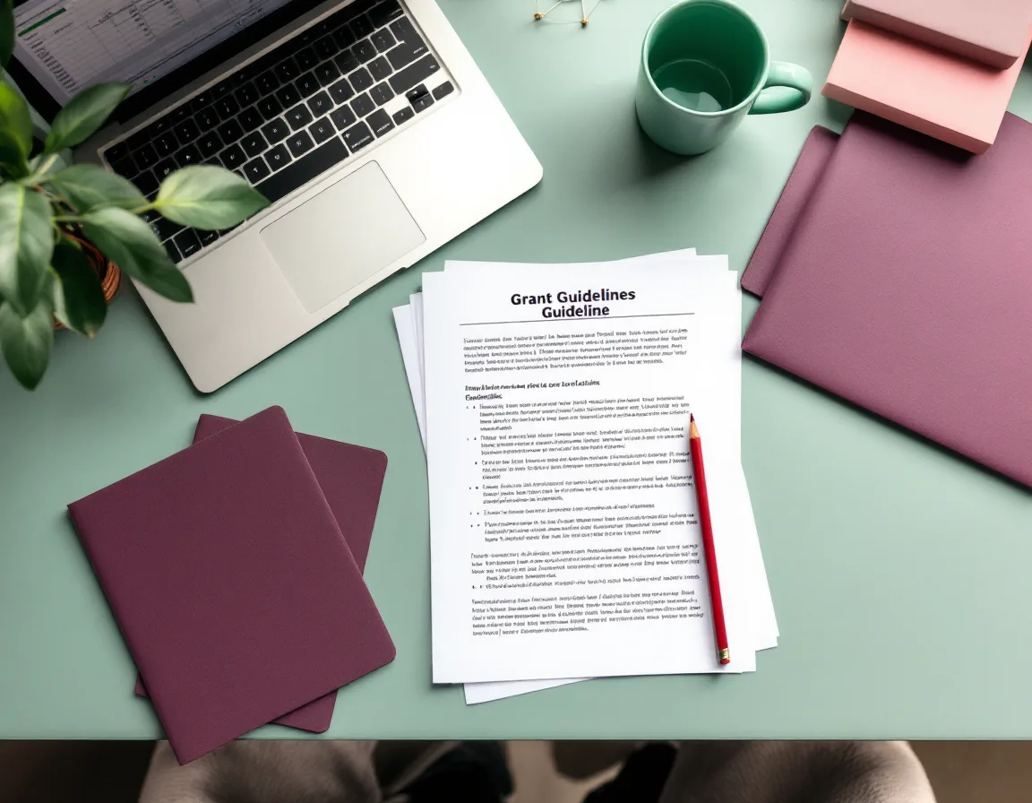 A desk with annotated grant guidelines, a plum folder and a green mug