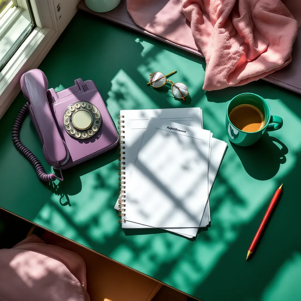 A plum desk phone beside an appointment ledger and coffee cup