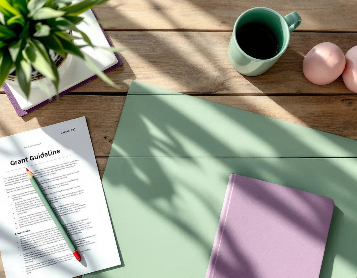 Printed funder guidelines, a folder and a notebook laid out on a desk