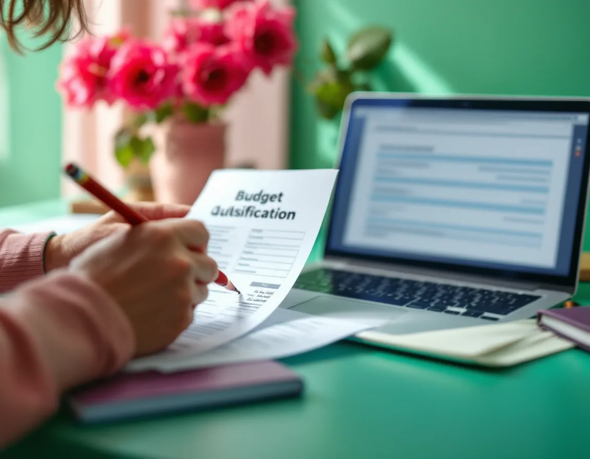 Hands marking a printed budget page with a red pencil next to a laptop