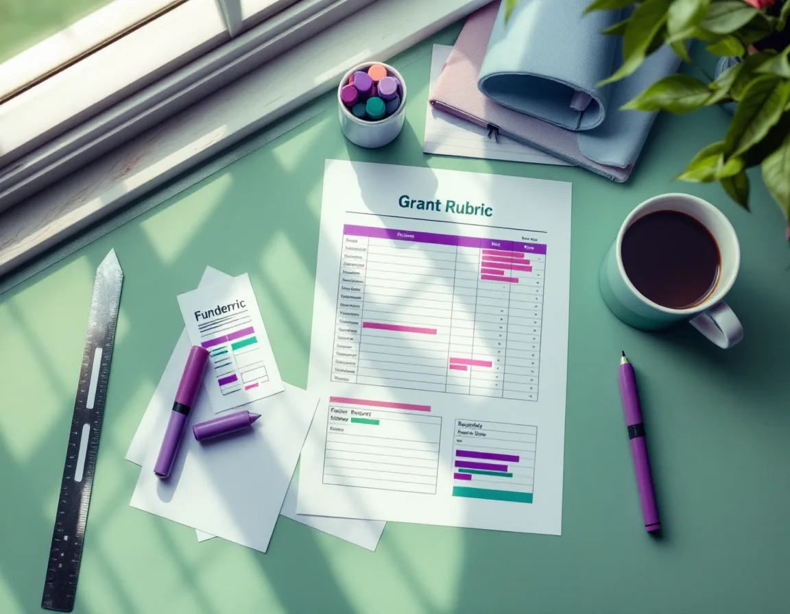 A funder rubric and budget printout marked up with highlighters on a desk